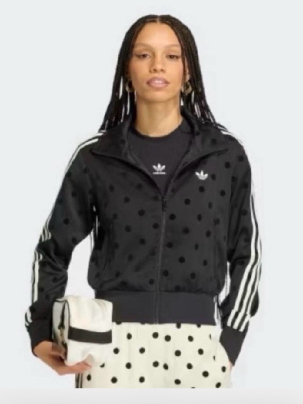 adidas Originals satin Black Polka Dot Bomber Jacket with White Stripes - Picture 3 of 3